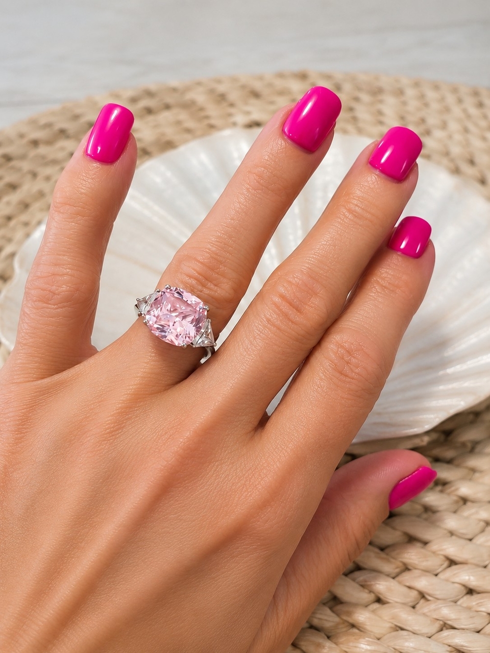 Vintage Y2K  Pink Ice Cushion-Cut  Ring with Clear Cz Trillion Side Stones
